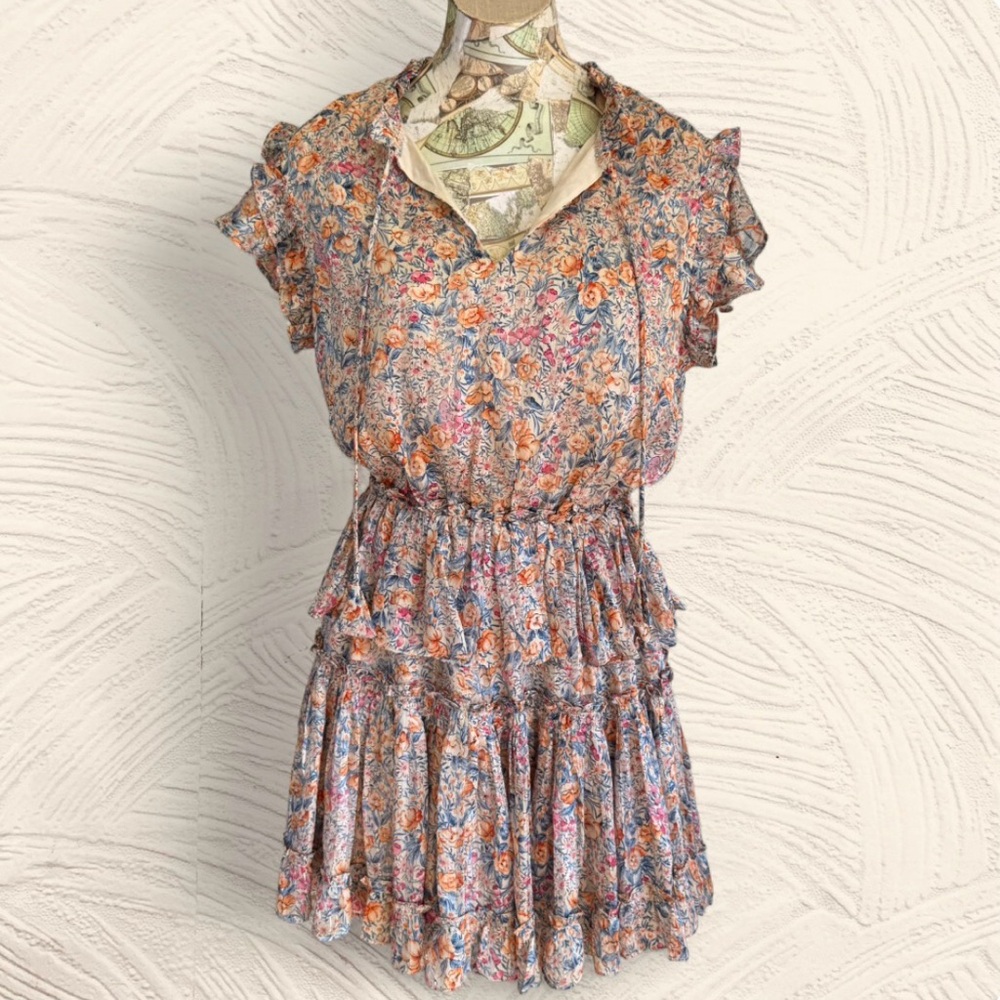 RESET Floral Tiered Ruffle Mini Dress Peach & Blue M